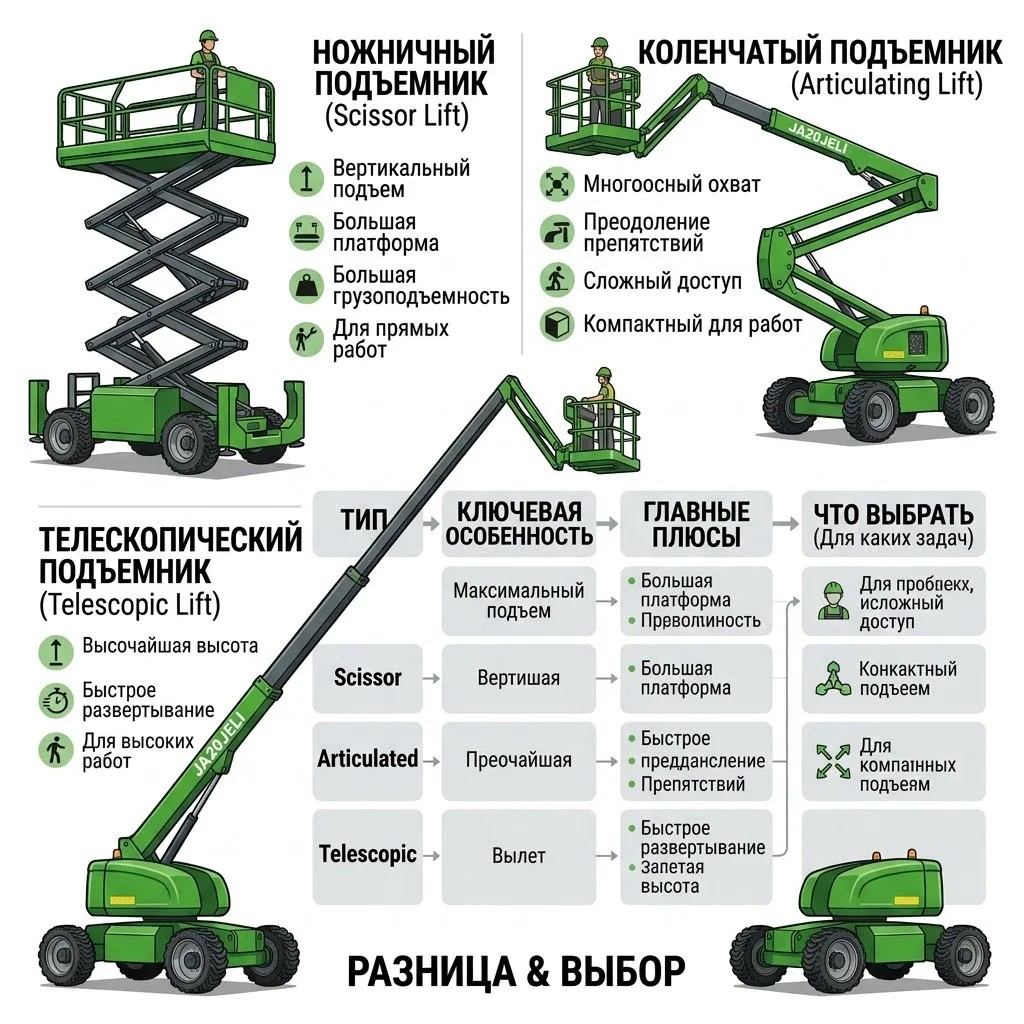 Ножничные, коленчатые, телескопические подъемники: в чем разница и что выбрать